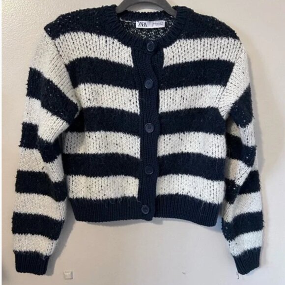 ZARA Navy/Off White Chunky Fuzzy Striped Cropped Cardigan Sz Small EUC - Picture 1 of 8